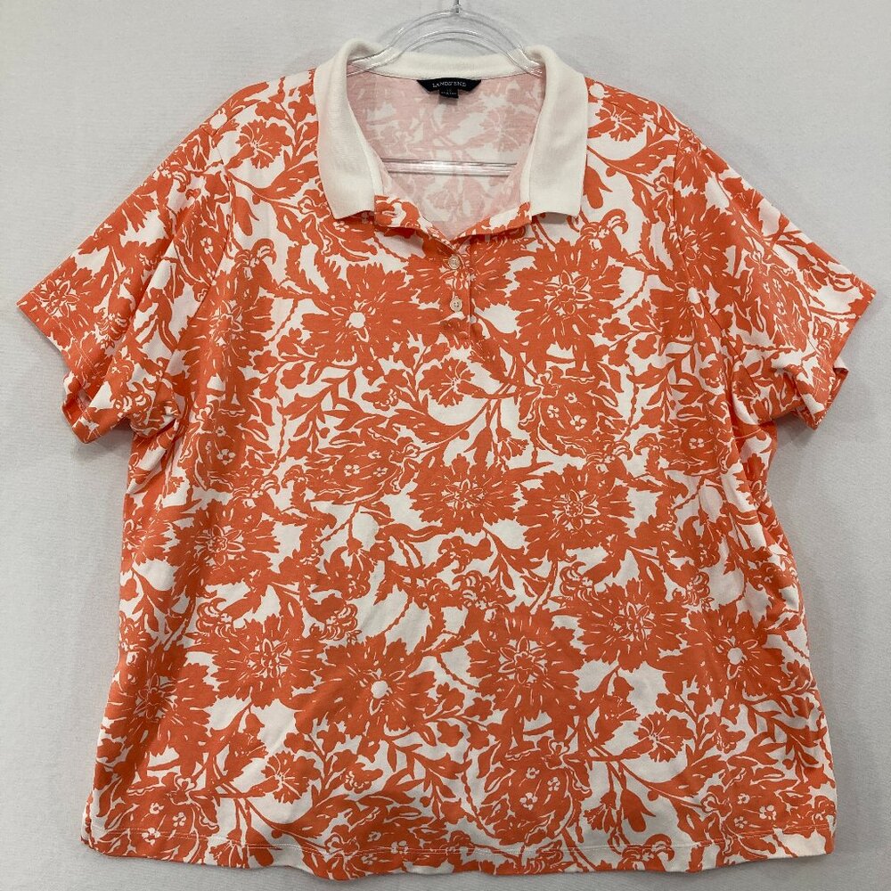 Lands' End Top sz 3X Orange White Floral Short Sleeve Polo Shirt Stretch‎ Preppy
